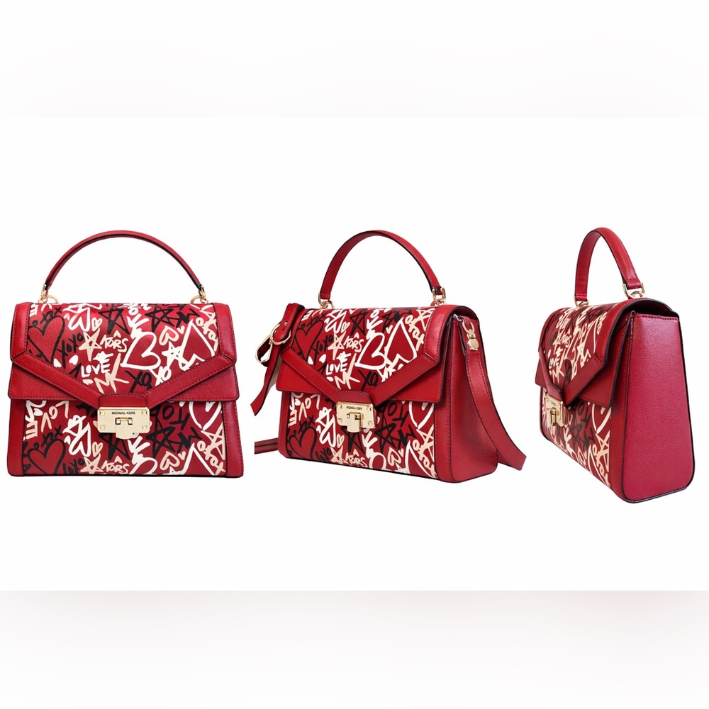 MICHAEL KORS Valentines Day Heart Print Scarlet Red Leather Handle/Crossbody Bag